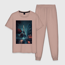Пижама хлопковая мужская Нейросеть - Ночной Париж, цвет: пыльно-розовый