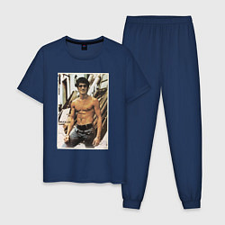 Пижама хлопковая мужская Брюс Ли - ретро постер, цвет: тёмно-синий