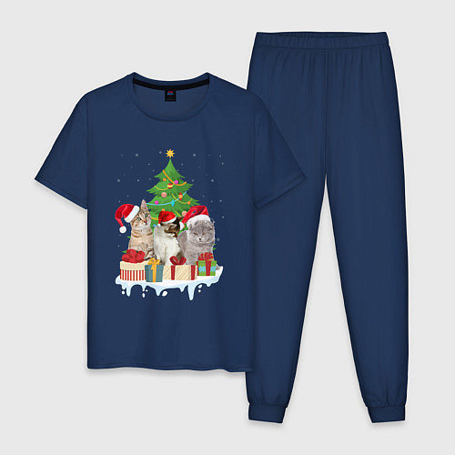Мужская пижама Коты и елка с подарками / Тёмно-синий – фото 1