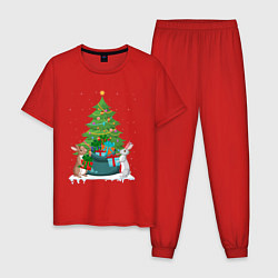 Пижама хлопковая мужская Кролики елка и мешок подарков, цвет: красный
