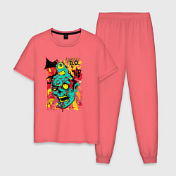 Пижама хлопковая мужская Нервный зомби, цвет: коралловый