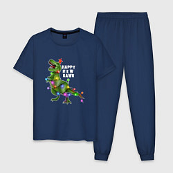 Пижама хлопковая мужская Новогодний динозавр елочка гори, цвет: тёмно-синий