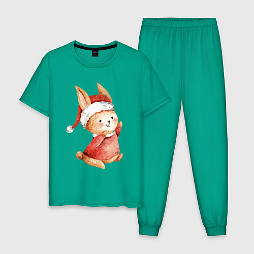 Мужская пижама Зайчик в новогоднем колпаке / Зеленый – фото 1