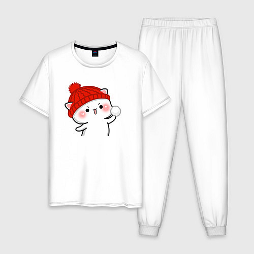 Мужская пижама Игра в снежки - белый котик / Белый – фото 1