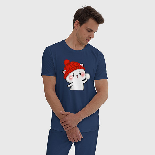 Мужская пижама Игра в снежки - белый котик / Тёмно-синий – фото 3
