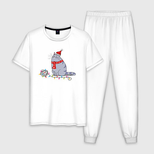Мужская пижама Кошка Хлоя новогодняя / Белый – фото 1