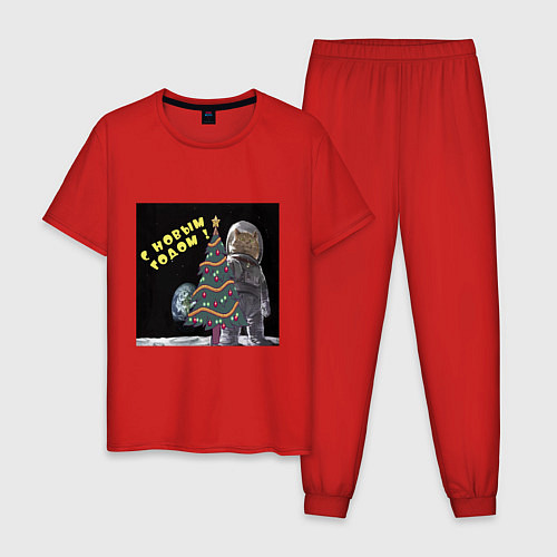 Мужская пижама Кот в скафандре с ёлкой / Красный – фото 1