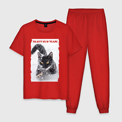 Пижама хлопковая мужская Котёнок пробирается сквозь глубокий снег, цвет: красный