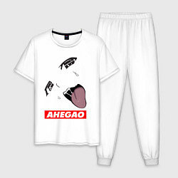 Пижама хлопковая мужская Лицо ахегао с красным логотипом, цвет: белый