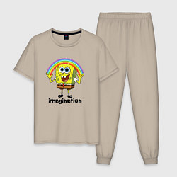 Пижама хлопковая мужская Губка боб воображение мем, цвет: миндальный