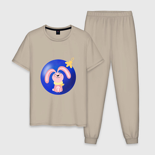 Мужская пижама Розовый кролик в елочном шаре / Миндальный – фото 1
