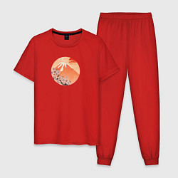Пижама хлопковая мужская Ветвь сакуры и вулкан, цвет: красный