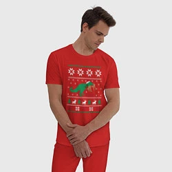 Пижама хлопковая мужская Новогодний тирекс - ugly sweater, цвет: красный — фото 2