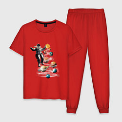 Пижама хлопковая мужская Космический дед мороз и ёлка из планет, цвет: красный