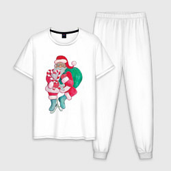 Пижама хлопковая мужская Санта Клаус с мешком подарков на коньках, цвет: белый
