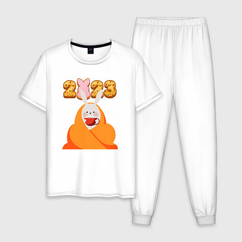 Мужская пижама Зайчик в пледе и с кофе / Белый – фото 1