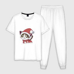 Пижама хлопковая мужская Санта-кошка, цвет: белый