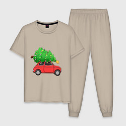 Пижама хлопковая мужская Новогодняя машина с праздничной елкой, цвет: миндальный