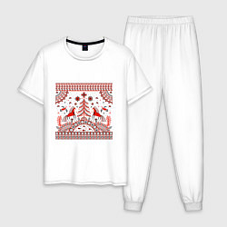 Пижама хлопковая мужская Лошади и птицы - мезенская роспись, цвет: белый