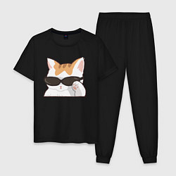 Пижама хлопковая мужская Бело-рыжий котик в очках, цвет: черный
