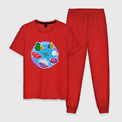 Пижама хлопковая мужская Рыбки и ракушки, цвет: красный
