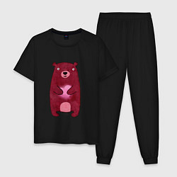 Пижама хлопковая мужская Бурый медведь с сердцем в лапах, любовь, цвет: черный