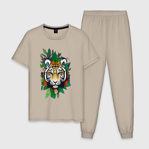 Мужская пижама Голова Тигра среди листьев и цветов, Тигр символ 2 / Миндальный – фото 1