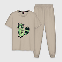 Пижама хлопковая мужская Зеленый енот зомбак, цвет: миндальный