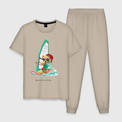 Пижама хлопковая мужская Wind surfing bear, цвет: миндальный