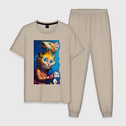 Пижама хлопковая мужская Главный кот - нейросеть - art, цвет: миндальный