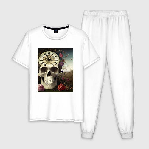 Мужская пижама Помни о смерти- череп, часы, цветы / Белый – фото 1