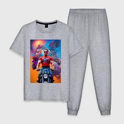 Пижама хлопковая мужская Арнольд Шварценеггер на мотоцикле - нейросеть, цвет: меланж