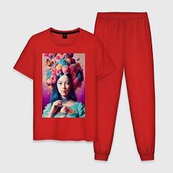 Пижама хлопковая мужская Сладкая женщина и пирожные - нейросеть, цвет: красный