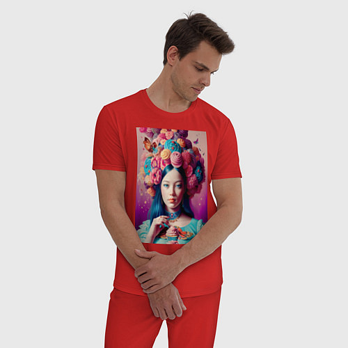 Мужская пижама Сладкая женщина и пирожные - нейросеть / Красный – фото 3