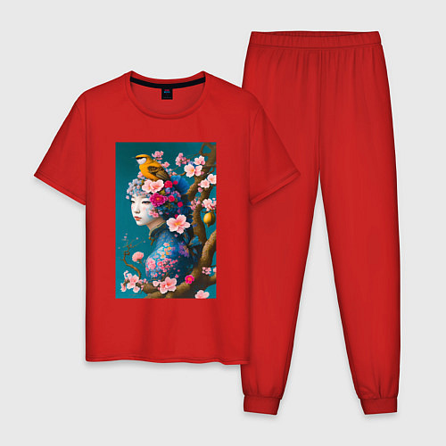Мужская пижама Девушка с птицей на фоне цветущей сакуры / Красный – фото 1