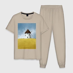 Пижама хлопковая мужская Ветряная мельница в поле, цвет: миндальный