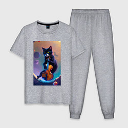 Пижама хлопковая мужская Кот со скрипкой в космосе, цвет: меланж