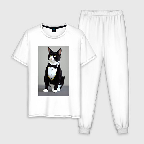 Мужская пижама Кот джентльмен - мем - нейросеть / Белый – фото 1