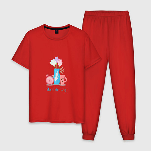 Мужская пижама Цветы, будильник и кофе - доброе утро / Красный – фото 1