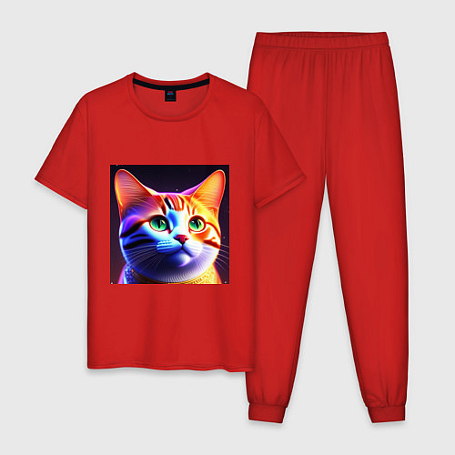 Мужская пижама Милый котик с большими глазами / Красный – фото 1