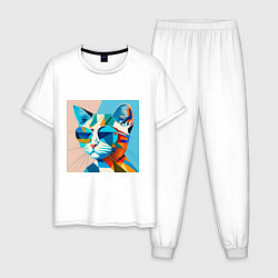 Пижама хлопковая мужская Кот в темных очках Пикассо, цвет: белый