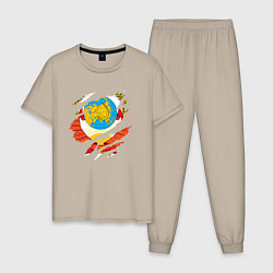 Пижама хлопковая мужская Герб советского союза в разрыве, цвет: миндальный