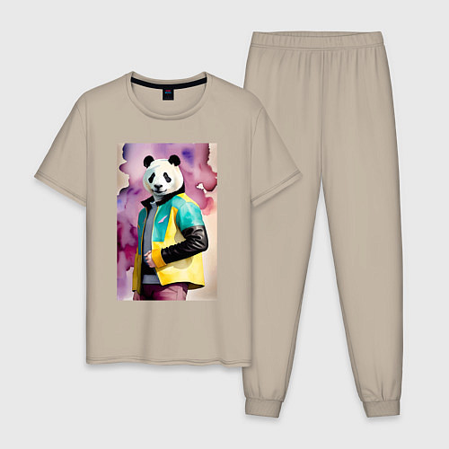 Мужская пижама Панда в модной куртке - акварель / Миндальный – фото 1