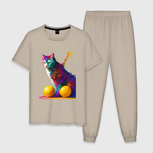 Мужская пижама Яркий котик / Миндальный – фото 1