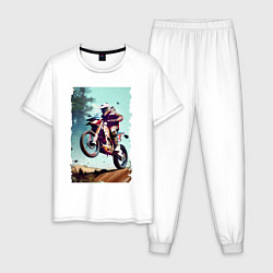 Пижама хлопковая мужская Мотокросс - экстрим, цвет: белый