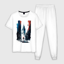 Пижама хлопковая мужская Ощущение Москвы - коллекция Бело-сине-красный - Ху, цвет: белый