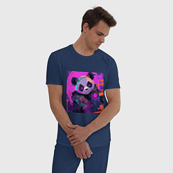 Пижама хлопковая мужская Аниме панда в лучах неона, цвет: тёмно-синий — фото 2