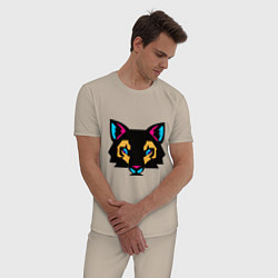 Пижама хлопковая мужская Яркий абстрактный кот, цвет: миндальный — фото 2