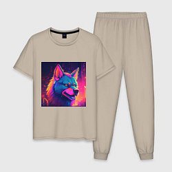 Пижама хлопковая мужская Волк в неоновом свете, цвет: миндальный