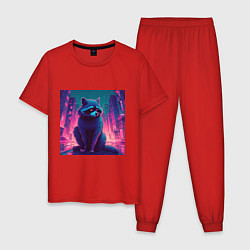 Пижама хлопковая мужская Енот в лучах неонового города, цвет: красный